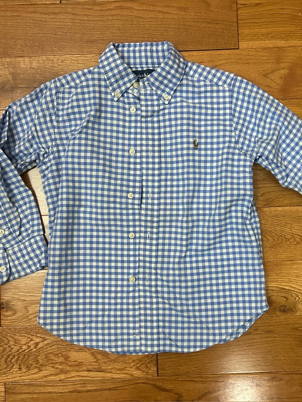 Vintage Ralph Lauren Boys 5 Blue White Gingham Button Down Shirt Green Tag